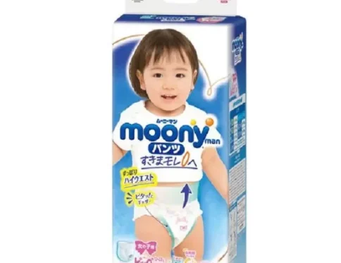 Japońskie pieluchomajtki MOONY, rozmiar XL, 12–22 kg, dla dziewczynek, 38 szt.
