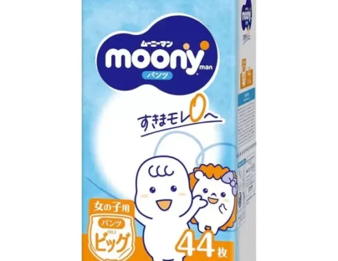 Japońskie pieluchomajtki MOONY, rozmiar XL, 12–22 kg, dla dziewczynek, 44 szt.