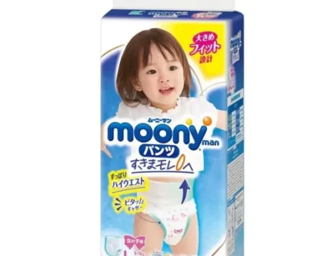 Japońskie pieluchomajtki MOONY, rozmiar L, 9–14 kg, dla dziewczynek, 44 szt.