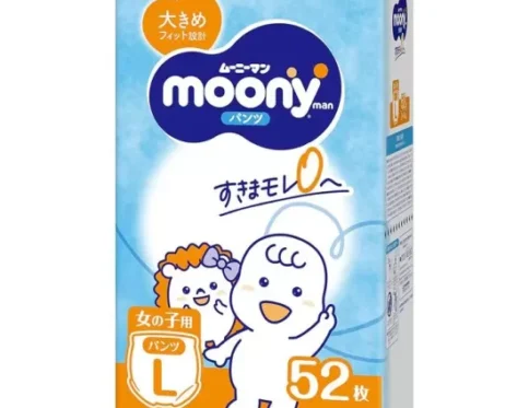 Japońskie pieluchomajtki MOONY, rozmiar L, 9–14 kg, dla dziewczynek, 52 szt.