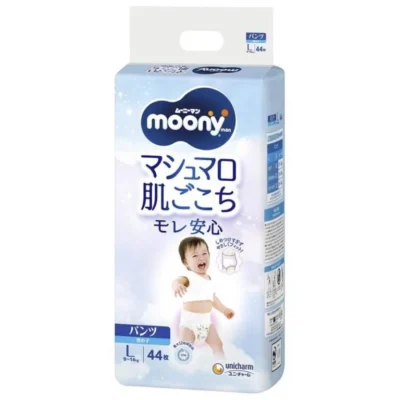 Japońskie pieluchomajtki MOONY, rozmiar L, 9–14 kg, dla chłopców, 44 szt.