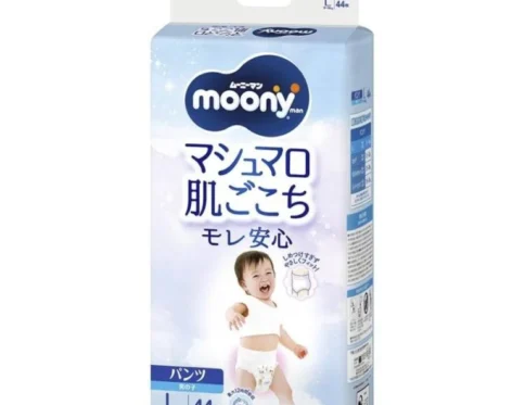 Japońskie pieluchomajtki MOONY, rozmiar L, 9–14 kg, dla chłopców, 44 szt.