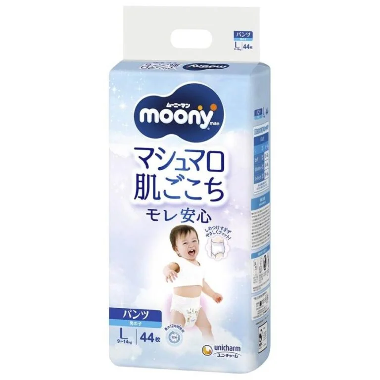 Japońskie pieluchomajtki MOONY, rozmiar L, 9–14 kg, dla chłopców, 44 szt.