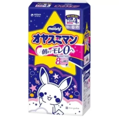 Japońskie nocne pieluchomajtki MOONY, L, 9–14 kg, dla dziewczynek, 34 szt.