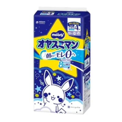 Japońskie nocne pieluchomajtki MOONY, rozmiar L, 9–14 kg, dla chłopców, 34 szt.