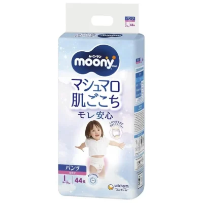 Japońskie pieluchomajtki MOONY, rozmiar L, 9–14 kg, dla dziewczynek, 44 szt.