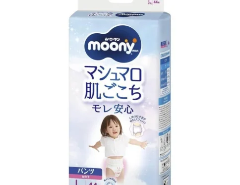 Japońskie pieluchomajtki MOONY, rozmiar L, 9–14 kg, dla dziewczynek, 44 szt.
