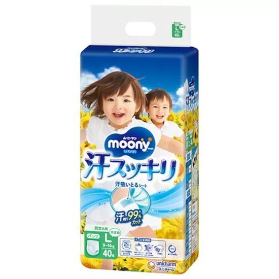 Japońskie pieluchomajtki MOONY Ase Kaku, rozmiar L, 9–14 kg, 40 szt.