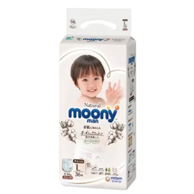 Japońskie pieluchomajtki MOONY NATURAL, rozmiar L, 9–14 kg, 36 szt.