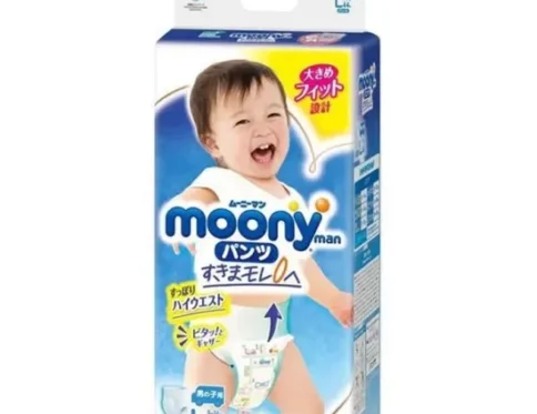 Japońskie pieluchomajtki MOONY, rozmiar L, 9–14 kg, dla chłopców, 44 szt.