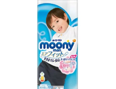 Japońskie pieluchomajtki MOONY, rozmiar XXL, 13–28 kg, dla chłopców, 26 szt.