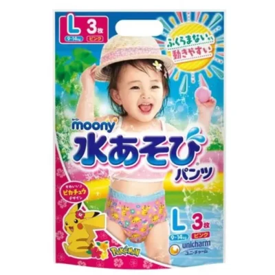 Japońskie pieluchomajtki do kąpieli MOONY, rozmiar L, 9–14 kg, dla dziewczynek, 3 szt.