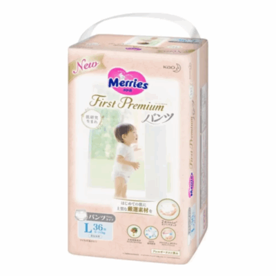 MERRIES First Premium pieluchomajtki, rozmiar L, 9–14 kg, 36 szt.