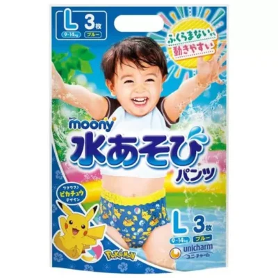 Japońskie pieluchomajtki do kąpieli MOONY, rozmiar L, 9–14 kg, dla chłopców, 3 szt.