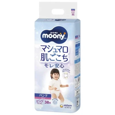 Japońskie pieluchomajtki MOONY, rozmiar XL, 12–22 kg, dla dziewczynek, 38 szt.