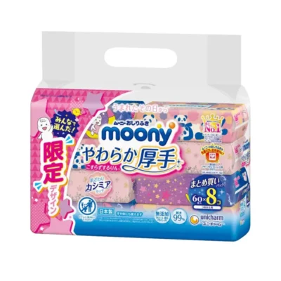 Moony – zestaw chusteczek nawilżanych do wrażliwej skóry, 8x60 szt.